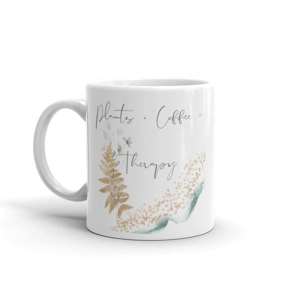 Plants + Coffee = Therapy -White glossy mug